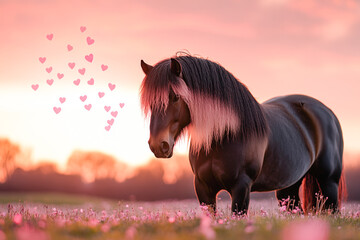 Majestic pony in sunset field with heart shapes and pink flowers