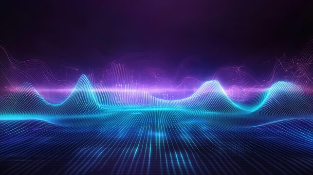Abstract digital technology background with connected dots on 3d wave landscape. Concept of AI artificial intelligence, big data, data science, digital world, virtual reality, cyberspace, metaverse. 