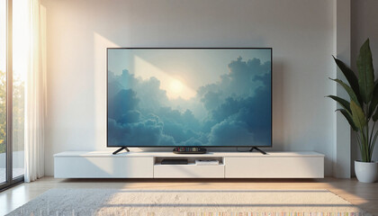 Large TV displaying serene clouds on modern white entertainment unit in bright living room