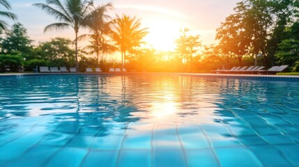 Fototapeta premium Tranquil pool at sunset, tropical resort.
