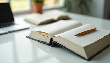 Naklejka premium Open book with pencil beside laptop on glossy table in bright workspace