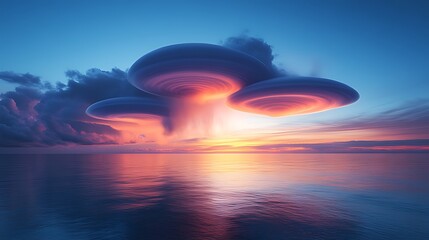Surreal sunset with three lenticular clouds over calm ocean.