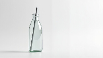 Clear glass bottle with straw filled with water on minimalist background