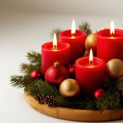 A festive arrangement featuring red candles, golden ornaments, and pine, creating a cozy holiday atmosphere.