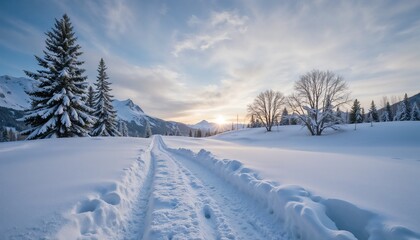 Obraz premium Romantic winter landscape with a snowy path leading to a sunset behind the mountains