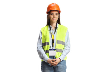 Young female engineer with a safety vest and hardhat