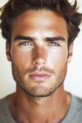 Obraz premium Young caucasian male with intense stare and curly hair against neutral background