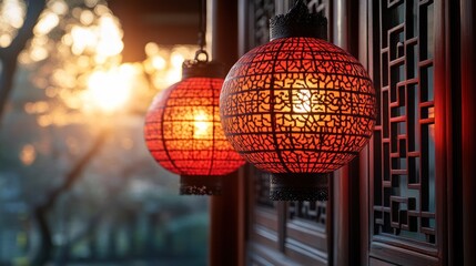 Obraz premium Two ornate Chinese lanterns hang from a wooden building at sunset.