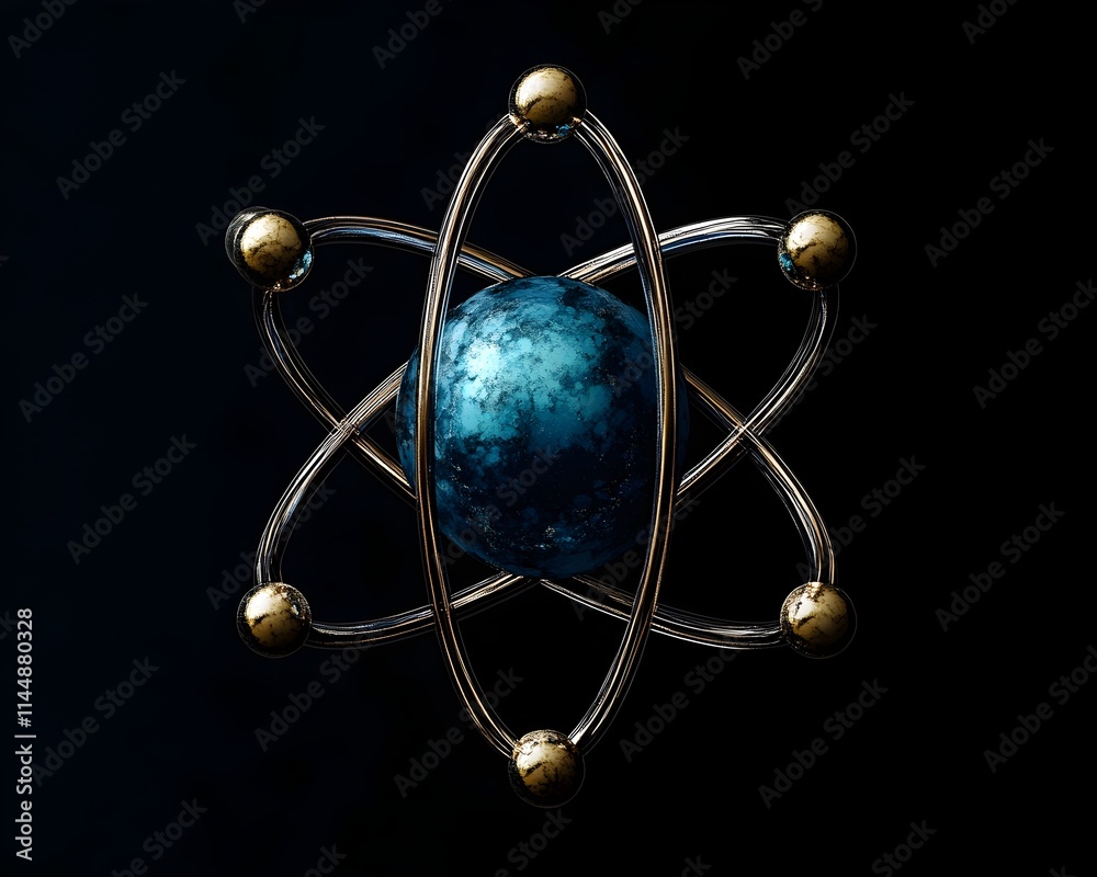 Poster exploded view of a technetium atom deconstructing its internal structure and demonstrating its pract