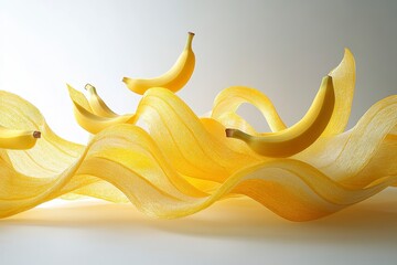 Bananas dancing in waves studio setting food photography minimalist style close-up view colorful composition