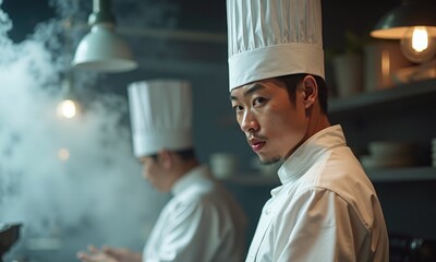 Young Asian chef side profile focused expression white