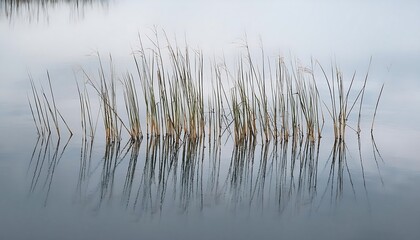 Fototapeta premium Reeds reflected in calm water.
