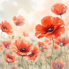 Beautiful red poppy flowers in a watercolor painting, leaves, summer, red