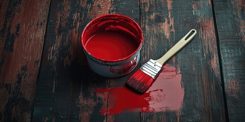 Red paint can with brush on wood floor