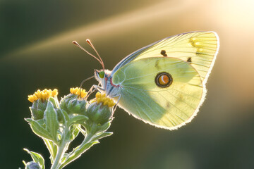 Obraz premium Backlit butterfly on flower at sunset with glowing wings