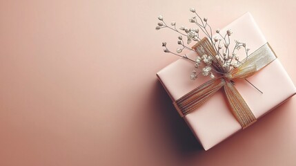 A beautifully wrapped blush gift box with a metallic ribbon and delicate dried flowers, presented on a pastel peach background