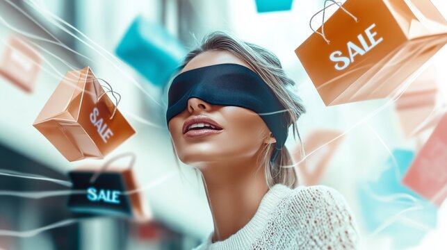A fashionable woman wearing a black blindfold, surrounded by flying shopping bags marked with 'SALE,' portraying a surreal concept of impulsive shopping in a vibrant cityscape