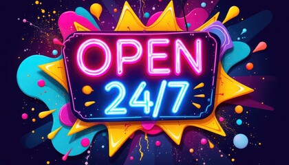 Colorful "Open 24/7" neon sign with vibrant background and playful design