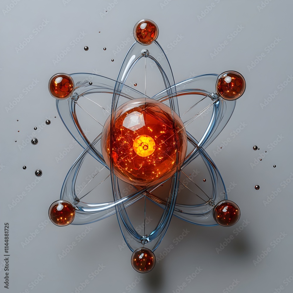 Poster exploded view of a technetium atom deconstructing its internal structure and demonstrating its pract