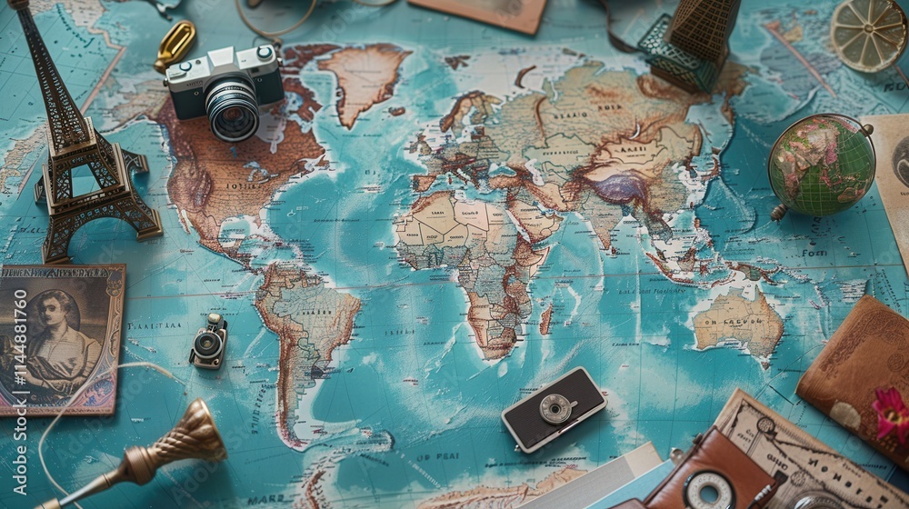 Fototapete travel memories displayed on world map with vintage elements and ample space for mock up designs. ge