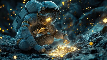 Astronaut with advanced gadgets examining an alien artifact