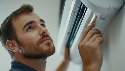 Man Adjusting Air Conditioner Unit for Temperature Control
