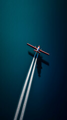 High-altitude view of a single aircraft flying over a calm blue water surface leaving white vapor trails behind