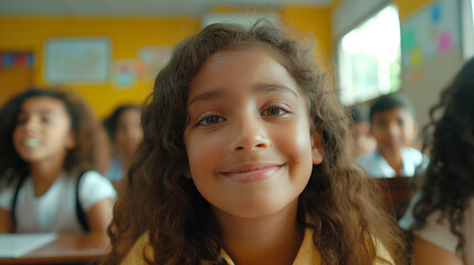 Smiling Schoolgirl Inside Classroom With Fellow Students