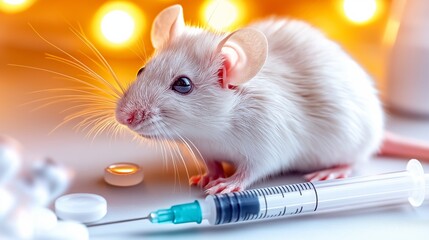 A close-up of a white lab rat in a sterile laboratory setting, testing a new vaccine for diseases. The scene features a syringe and tablets, symbolizing medical research and scientific exploration