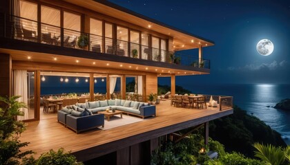 Fototapeta premium A large wooden house with a balcony overlooking the ocean at night