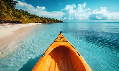 Scenic Canoe View on Tropical Island Beach with a Stunning Gradient from Sand to Deep Turquoise Sea