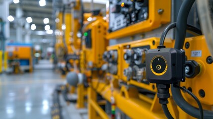 Close-up of a gas leak detection sensor mounted near machinery in a factory with soft lighting.