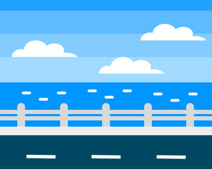 Illustration of bright blue coastal scene with white clouds and a serene ocean view, complemented by a simple road in the foreground