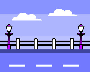 Illustration of vibrant digital landscape with purple street lamps, fluffy clouds, and a blue background, creating a cheerful atmosphere