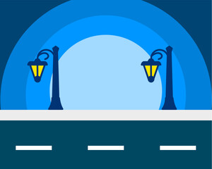 Illustration of serene nighttime setting with dark blue tones, featuring elegant street lamps glowing softly against a gradient background