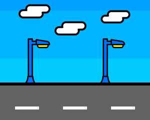 Illustration of bright blue scene featuring blue street lamps and white clouds against a vivid blue sky, set above a gray road