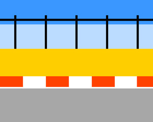Illustration of colorful abstract design with a yellow band and red accents, featuring a blue sky and a stylized road below