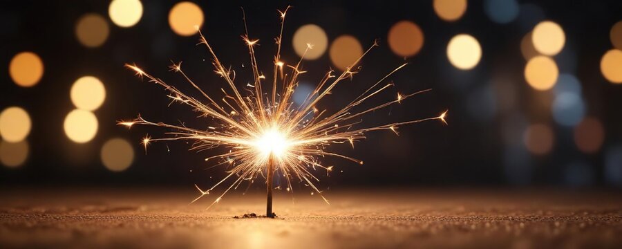 Burning sparkler with vibrant bokeh lights in background, celebration, bright, holiday - Powered by Adobe