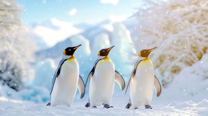 Fototapeta premium Three cute penguins walking together through a snowy winter landscape during a gentle snowfall.
