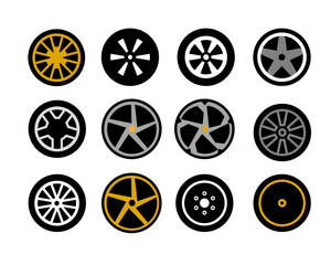 Illustration of collection of 12 stylized wheel rims designs in various colors and patterns, showcasing modern and classic automotive aesthetics