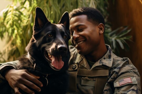 Happy military soldier hugging his canine partner outdoors, showing a strong bond of friendship and teamwork - Powered by Adobe