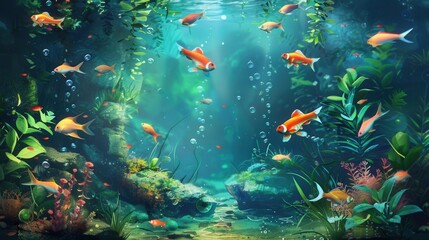 Fototapeta premium Vibrant underwater world filled with colorful aquarium fish swimming among lush plants and bubbles. Generative AI