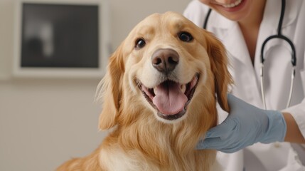 Veterinary care event dog receives treatment happily in clinic environment joyful atmosphere and caregiving viewpoint