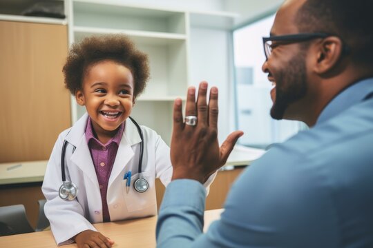 Smiling child wearing doctor coat giving high five to father in clinic - Powered by Adobe