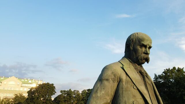 Drone footage of the Monument to Taras Shevchenko, at sunset in Kyiv city, Ukraine