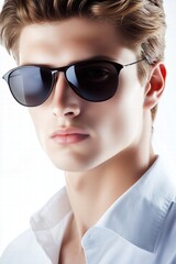 Naklejka premium Portrait of a young man wearing stylish black sunglasses and white shirt, digital illustration of male model in trendy eyewear, modern men's fashion and lifestyle concept.