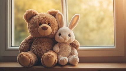 Best Friends Teddy Bear and Bunny Toy Hugging on Brown Window Sill, Looking Out of Window