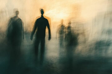 Blurred figures walking, glowing background, ethereal scene.