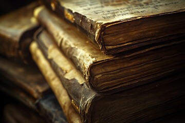Obraz premium Aged books stacked, worn pages, historical texts.