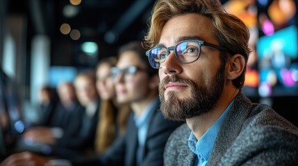 Obraz premium Focused professionals in a tech-driven workspace.
